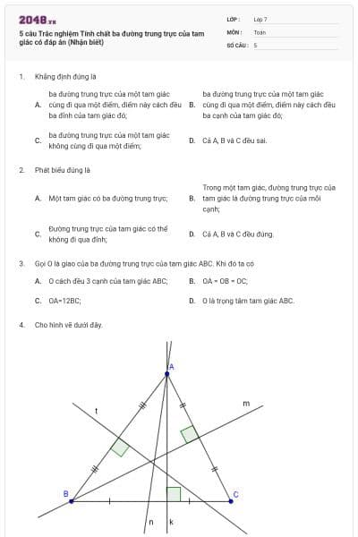 5 câu Trắc nghiệm Tính chất ba đường trung trực của tam giác có đáp án (Nhận biết)