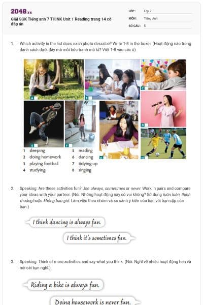 Giải SGK Tiếng anh 7 THiNK Unit 1 Reading trang 14 có đáp án