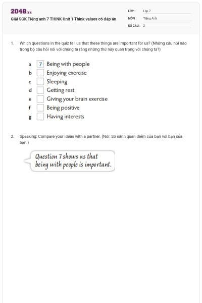 Giải SGK Tiếng anh 7 THiNK Unit 1 Think values có đáp án