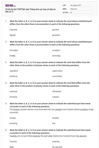 20 Đề thi thử THPTQG môn Tiếng Anh cực hay có đáp án (Đề số 7)