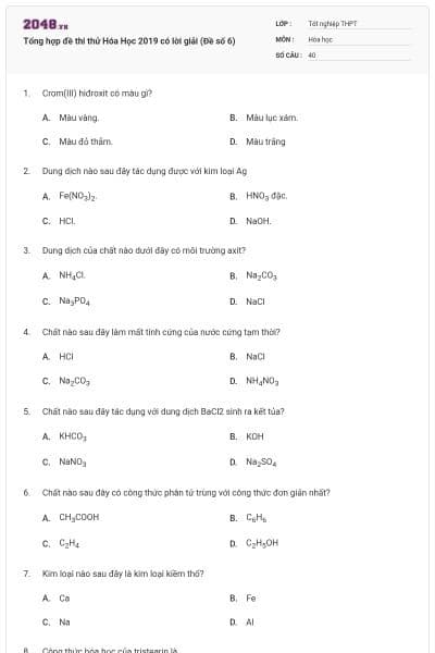 Tổng hợp đề thi thử Hóa Học 2019 có lời giải (Đề số 6)