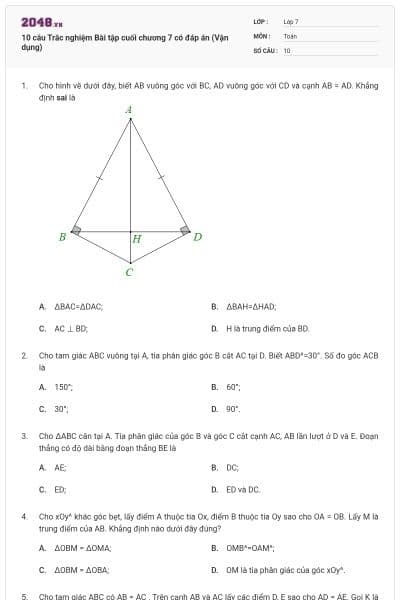 10 câu Trắc nghiệm Bài tập cuối chương 7 có đáp án (Vận dụng)