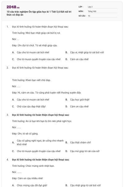 10 câu trắc nghiệm Ôn tập giữa học kì 1 Tiết 5,6 Kết nối tri thức có đáp án