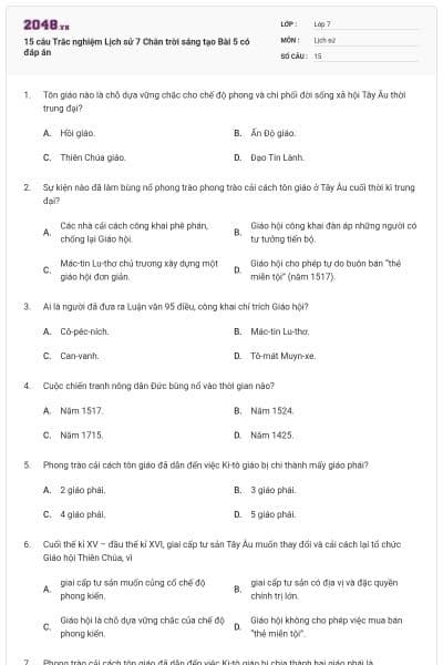 15 câu Trắc nghiệm Lịch sử 7 Chân trời sáng tạo Bài 5 có đáp án