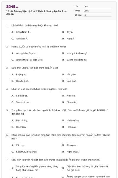 15 câu Trắc nghiệm Lịch sử 7 Chân trời sáng tạo Bài 8 có đáp án