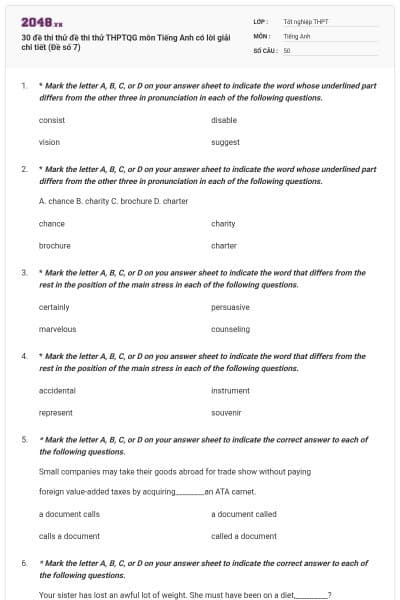 30 đề thi thử đề thi thử THPTQG môn Tiếng Anh có lời giải chi tiết (Đề số 7)