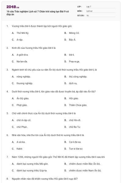 16 câu Trắc nghiệm Lịch sử 7 Chân trời sáng tạo Bài 9 có đáp án