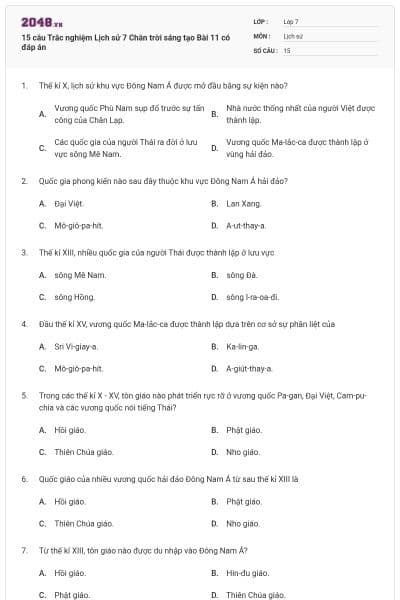 15 câu Trắc nghiệm Lịch sử 7 Chân trời sáng tạo Bài 11 có đáp án