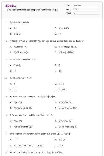 67 bài tập Căn thức và các phép toán căn thức có lời giải