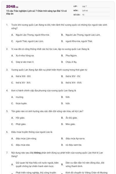 15 câu Trắc nghiệm Lịch sử 7 Chân trời sáng tạo Bài 13 có đáp án