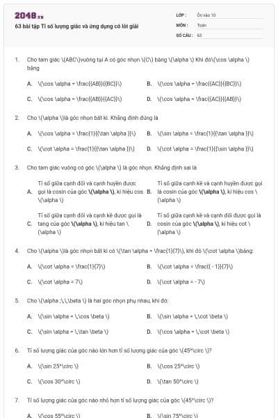 63 bài tập Tỉ số lượng giác và ứng dụng có lời giải