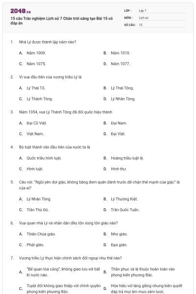 15 câu Trắc nghiệm Lịch sử 7 Chân trời sáng tạo Bài 15 có đáp án