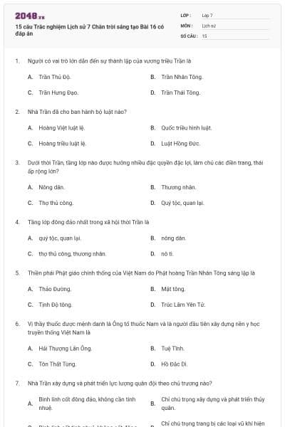 15 câu Trắc nghiệm Lịch sử 7 Chân trời sáng tạo Bài 16 có đáp án