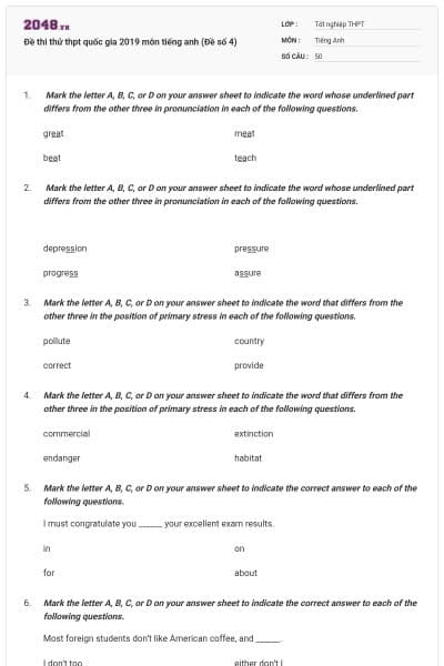 Đề thi thử thpt quốc gia 2019 môn tiếng anh (Đề số 4)