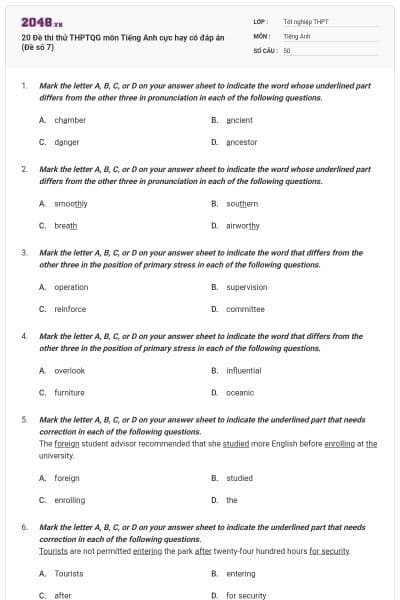 20 Đề thi thử THPTQG môn Tiếng Anh cực hay có đáp án (Đề số 7)