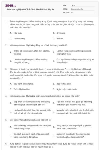 15 câu trắc nghiệm GDCD 9 Cánh diều Bài 5 có đáp án