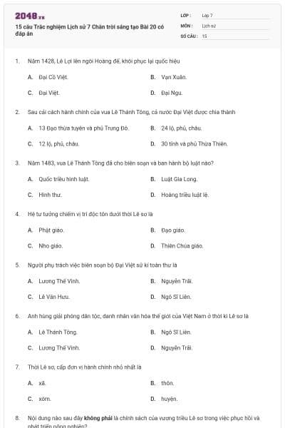 15 câu Trắc nghiệm Lịch sử 7 Chân trời sáng tạo Bài 20 có đáp án