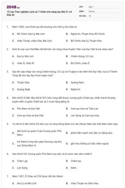 15 câu Trắc nghiệm Lịch sử 7 Chân trời sáng tạo Bài 21 có đáp án