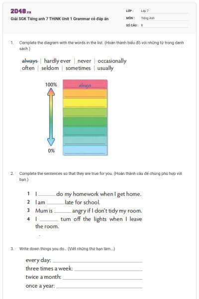 Giải SGK Tiếng anh 7 THiNK Unit 1 Grammar có đáp án