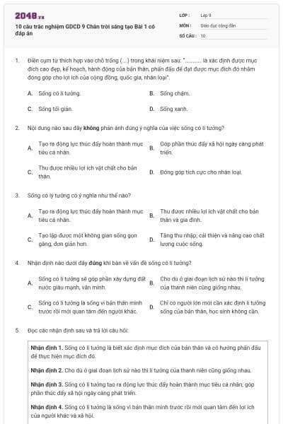 10 câu trắc nghiệm GDCD 9 Chân trời sáng tạo Bài 1 có đáp án