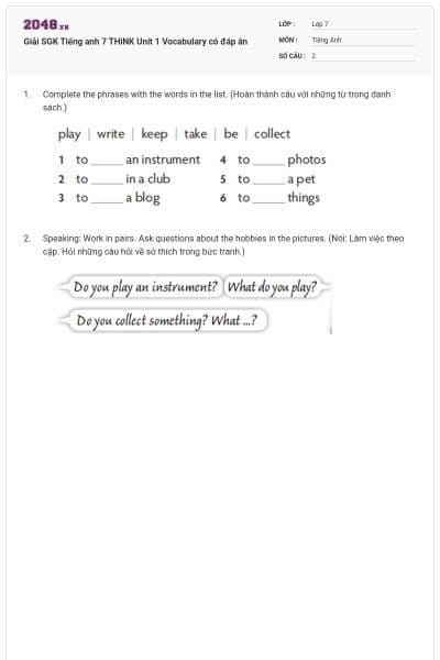 Giải SGK Tiếng anh 7 THiNK Unit 1 Vocabulary có đáp án