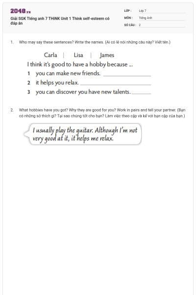 Giải SGK Tiếng anh 7 THiNK Unit 1 Think self-esteem có đáp án