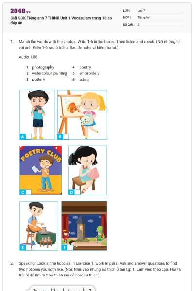 Giải SGK Tiếng anh 7 THiNK Unit 1 Vocabulary trang 18 có đáp án