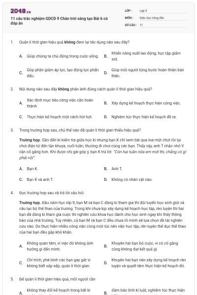 11 câu trắc nghiệm GDCD 9 Chân trời sáng tạo Bài 6 có đáp án