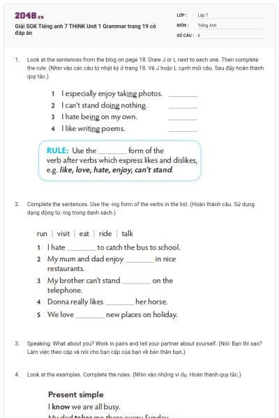 Giải SGK Tiếng anh 7 THiNK Unit 1 Grammar trang 19 có đáp án