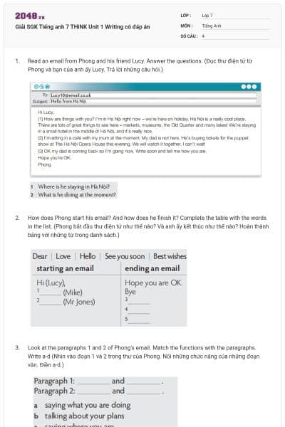 Giải SGK Tiếng anh 7 THiNK Unit 1 Writing có đáp án