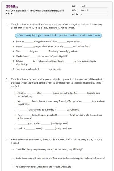 Giải SGK Tiếng anh 7 THiNK Unit 1 Grammar trang 22 có đáp án