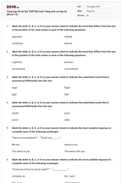 Tổng hợp đề thi thử THPTQG môn Tiếng Anh có đáp án (Đề số 14)