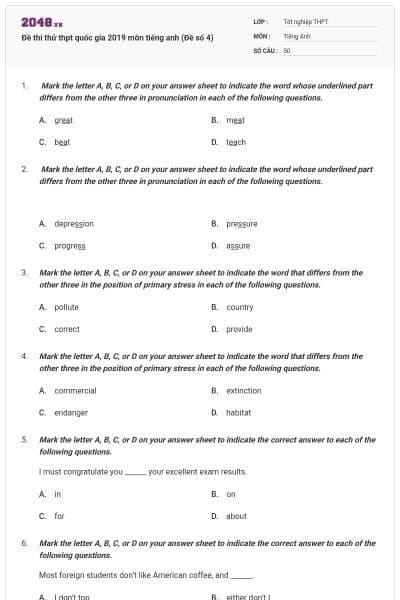 Đề thi thử thpt quốc gia 2019 môn tiếng anh (Đề số 4)