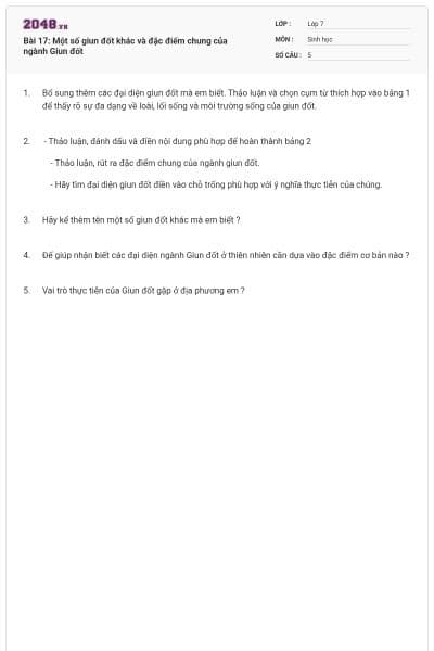 Bài 17: Một số giun đốt khác và đặc điểm chung của ngành Giun đốt