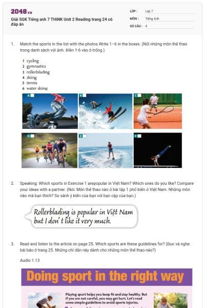 Giải SGK Tiếng anh 7 THiNK Unit 2 Reading trang 24 có đáp án