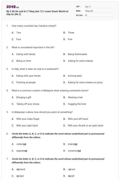 Bộ 5 đề thi cuối kì 2 Tiếng Anh 12 I-Learn Smart World có đáp án (Đề 2)
