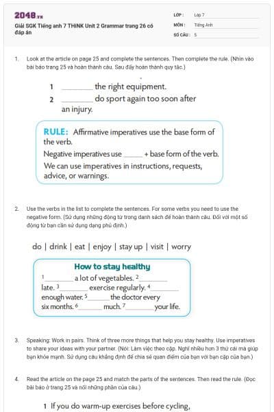 Giải SGK Tiếng anh 7 THiNK Unit 2 Grammar trang 26 có đáp án