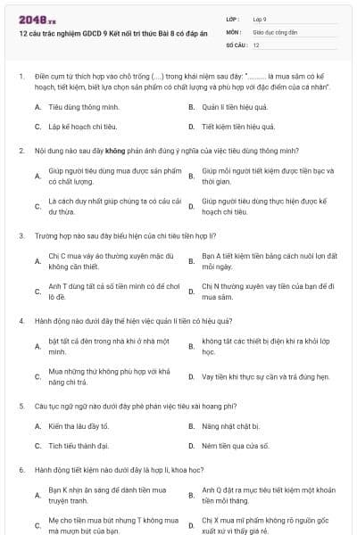 12 câu trắc nghiệm GDCD 9 Kết nối tri thức Bài 8 có đáp án