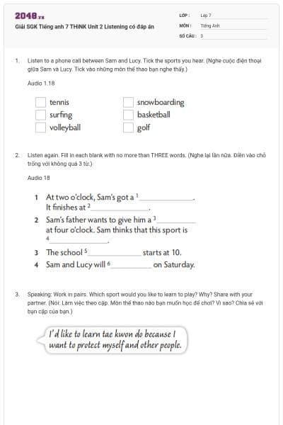 Giải SGK Tiếng anh 7 THiNK Unit 2 Listening có đáp án
