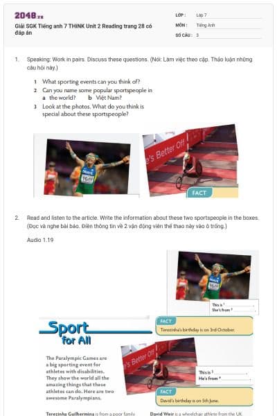 Giải SGK Tiếng anh 7 THiNK Unit 2 Reading trang 28 có đáp án