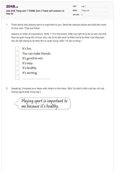Giải SGK Tiếng anh 7 THiNK Unit 2 Think self-esteem có đáp án