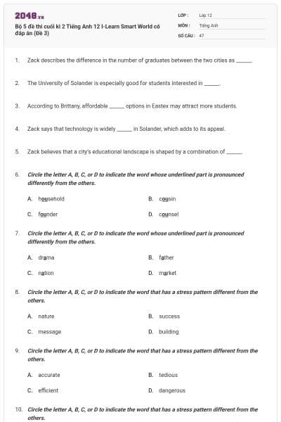 Bộ 5 đề thi cuối kì 2 Tiếng Anh 12 I-Learn Smart World có đáp án (Đề 3)