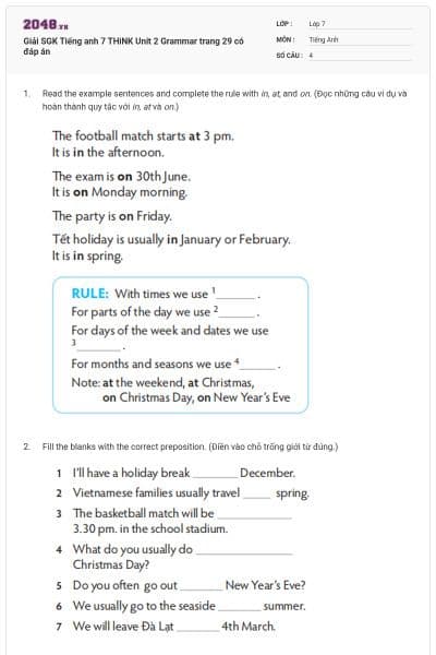 Giải SGK Tiếng anh 7 THiNK Unit 2 Grammar trang 29 có đáp án