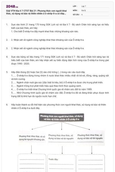 Giải VTH Địa lí 7 CTST Bài 21: Phương thức con người khai thác, sử dụng và bảo vệ thiên nhiên ở ô-xtrây-li-a có đáp án