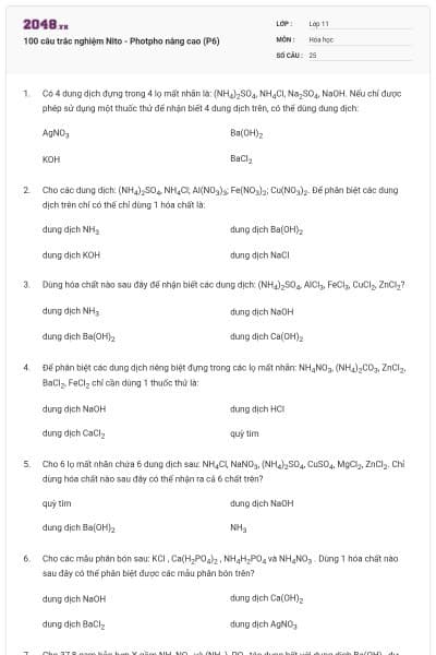 100 câu trắc nghiệm Nito - Photpho nâng cao (P6)