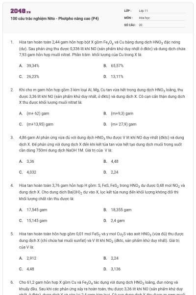 100 câu trắc nghiệm Nito - Photpho nâng cao (P4)