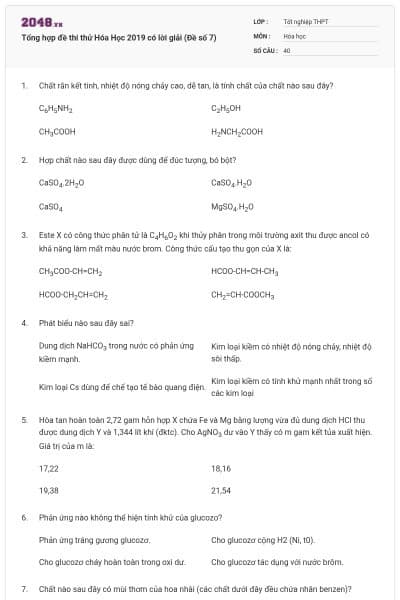 Tổng hợp đề thi thử Hóa Học 2019 có lời giải (Đề số 7)