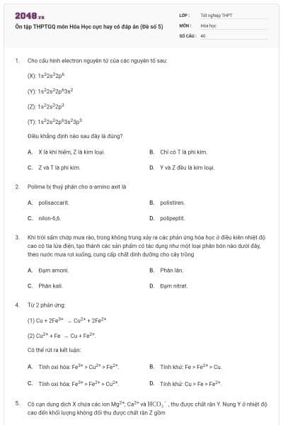 Ôn tập THPTGQ môn Hóa Học cực hay có đáp án (Đề số 5)
