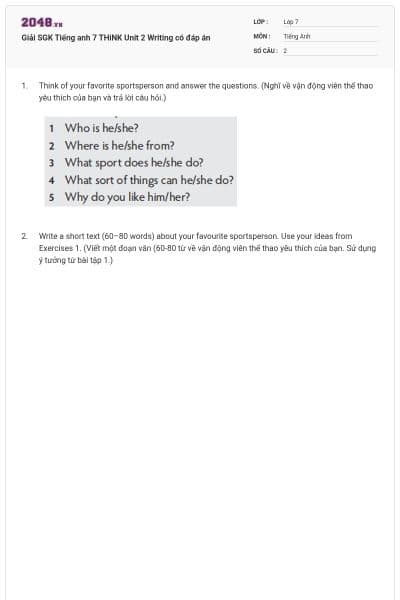 Giải SGK Tiếng anh 7 THiNK Unit 2 Writing có đáp án