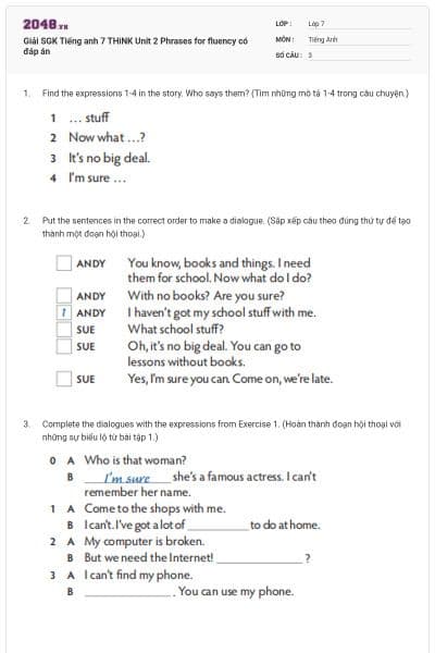 Giải SGK Tiếng anh 7 THiNK Unit 2 Phrases for fluency có đáp án